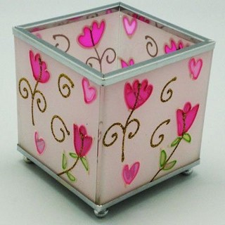 Подсвечник-куб из стекла «Цветы с сердечками»